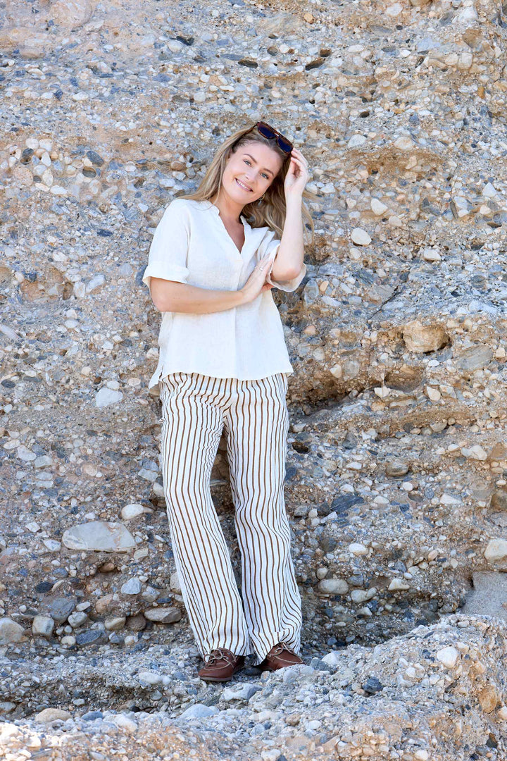 Black Colour - Bcmelina Wide Linen Pant 41114 - Camel Stripe Bukser 
