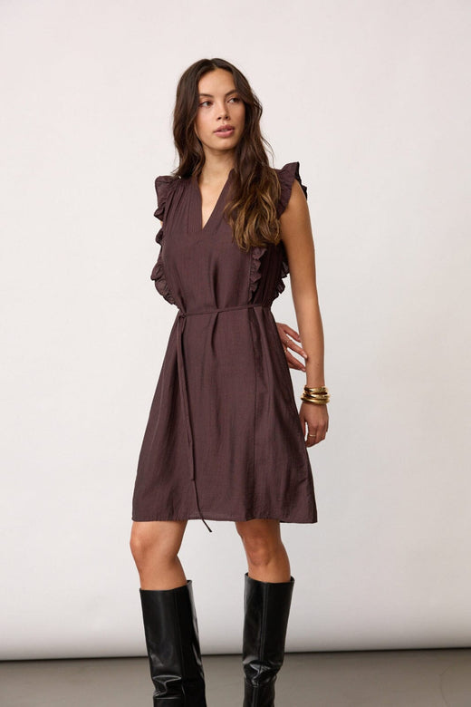 Co´Couture - Heracc Frill Ss Crop V-Dress 46099 - 145 - Dark Brown Kjoler 