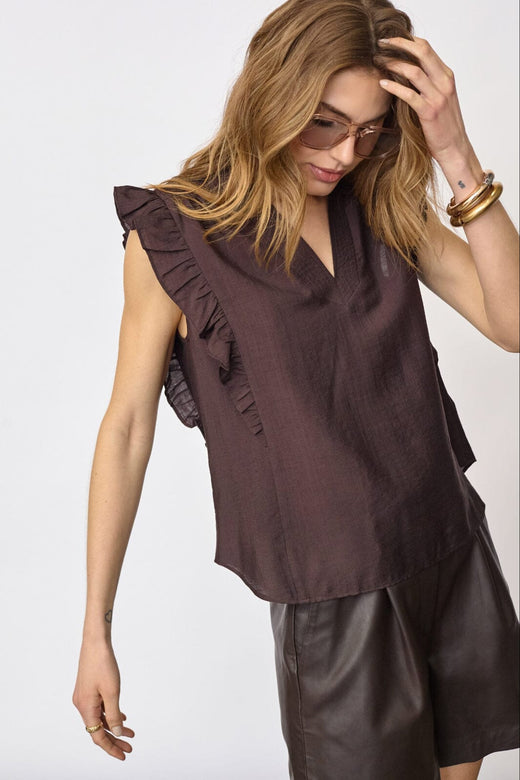 Co´Couture - Heracc Frill Ss V-Top 45165 - 145 - Dark Brown Skjorter 