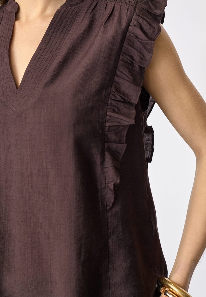 Co´Couture - Heracc Frill Ss V-Top 45165 - 145 - Dark Brown Skjorter 