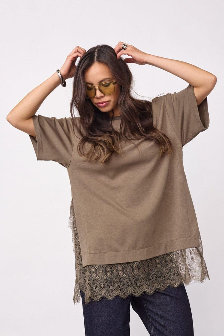 Co´Couture - Larsoncc Mix Lace Tee 500414 - 60009 - Olive T-shirts 