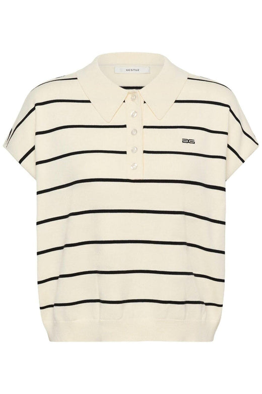 Gestuz - Gzsaia Ss Polo Pullover 10911206 - 109393 - Egret/Black Striped Strikbluser 