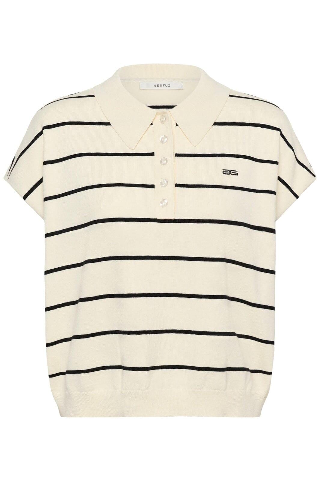 Gestuz - Gzsaia Ss Polo Pullover 10911206 - 109393 - Egret/Black Striped Strikbluser 