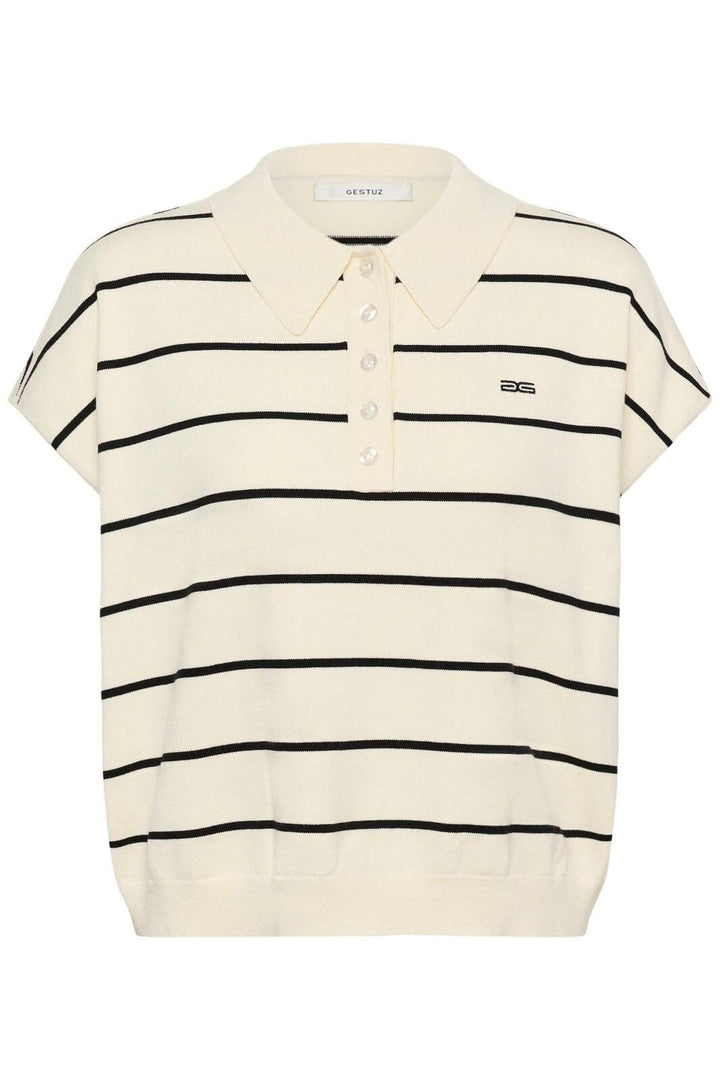 Gestuz - Gzsaia Ss Polo Pullover 10911206 - 109393 - Egret/Black Striped Strikbluser 