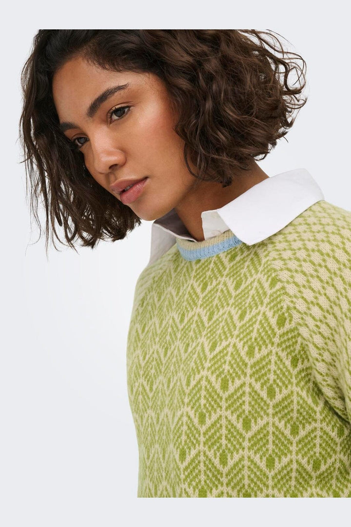 JDY - Jdybryn Life L/S Oneck Jacq Pullover Knt - 5049952 Crème Brûlée W. Woodbine/ Peachskin/ Open Air Jacq.