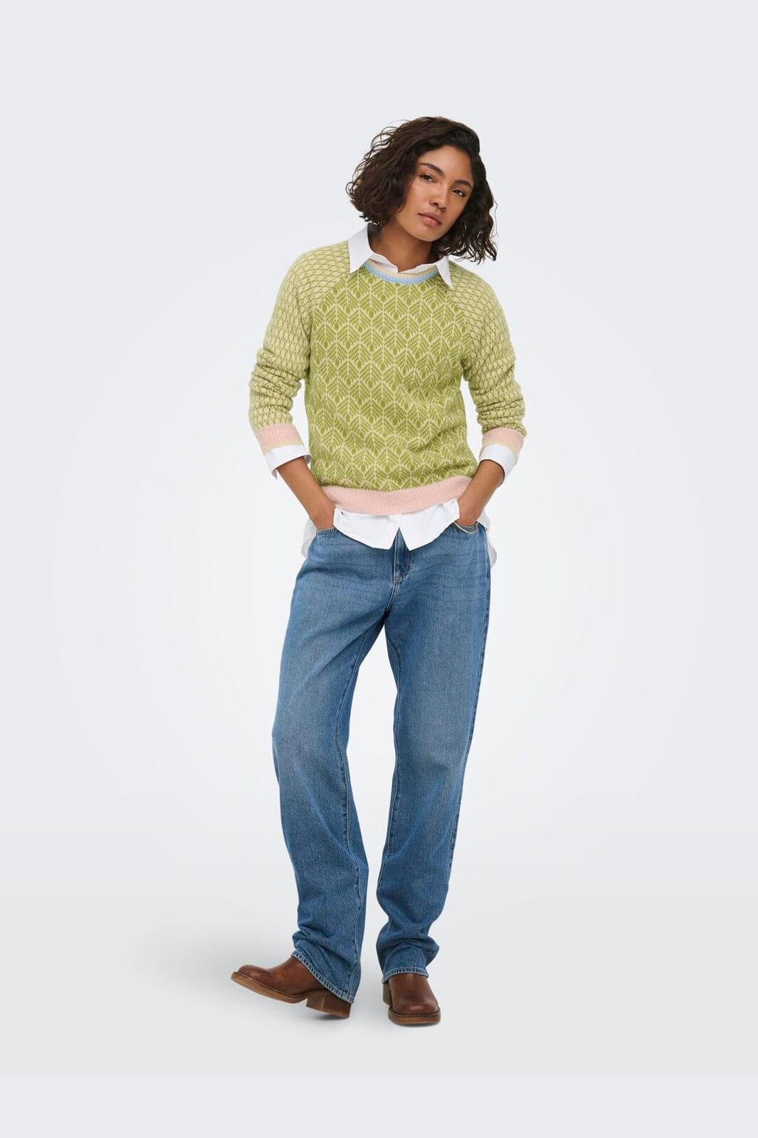 JDY - Jdybryn Life L/S Oneck Jacq Pullover Knt - 5049952 Crème Brûlée W. Woodbine/ Peachskin/ Open Air Jacq.