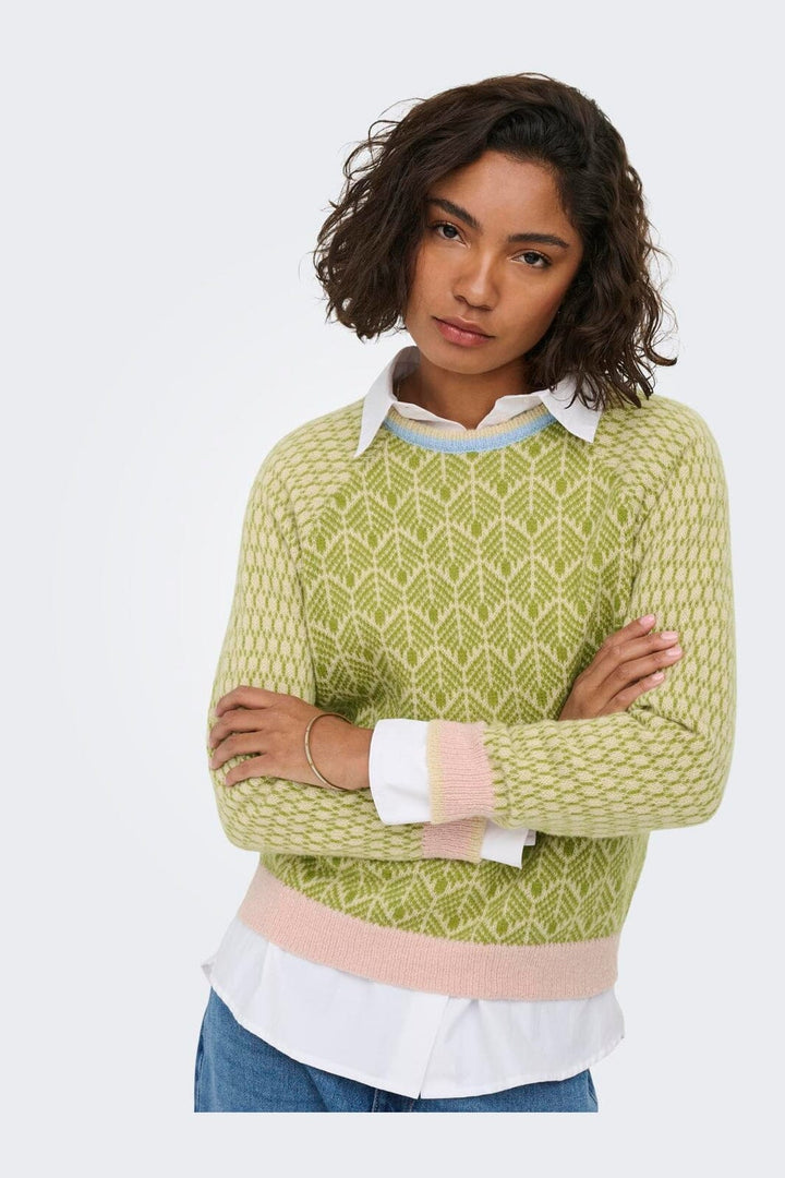 JDY - Jdybryn Life L/S Oneck Jacq Pullover Knt - 5049952 Crème Brûlée W. Woodbine/ Peachskin/ Open Air Jacq.