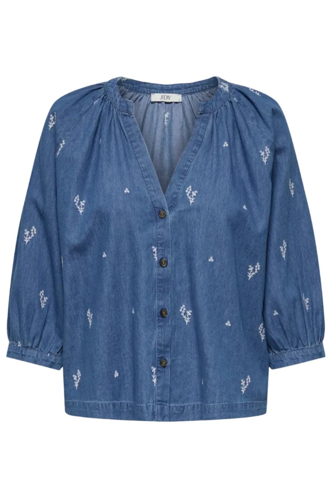JDY - Jdykai 3/4 Shirt Dia - 5049505 Light Blue Denim Cloud Dancer Emb Skjorter 