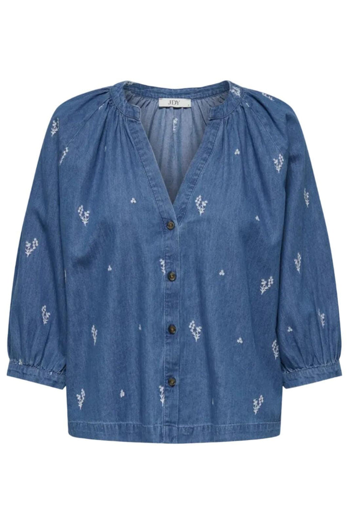JDY - Jdykai 3/4 Shirt Dia - 5049505 Light Blue Denim Cloud Dancer Emb Skjorter 