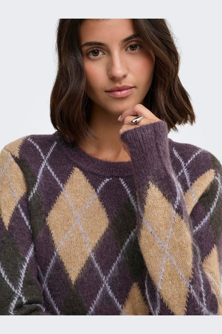 JDY - Jdyreese L/S O-Neck Argyle Pullover Knt - 5140650 Plum Perfect W. Chocolate Torte/Toasted Coconut/Lavender Gray Argyle