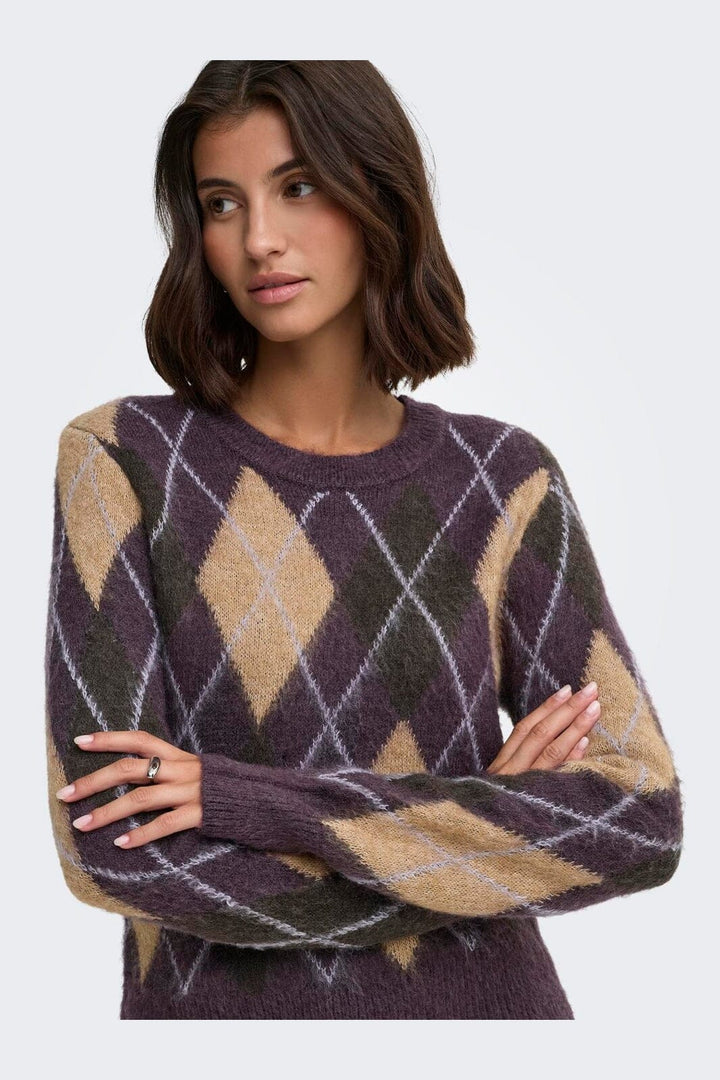 JDY - Jdyreese L/S O-Neck Argyle Pullover Knt - 5140650 Plum Perfect W. Chocolate Torte/Toasted Coconut/Lavender Gray Argyle