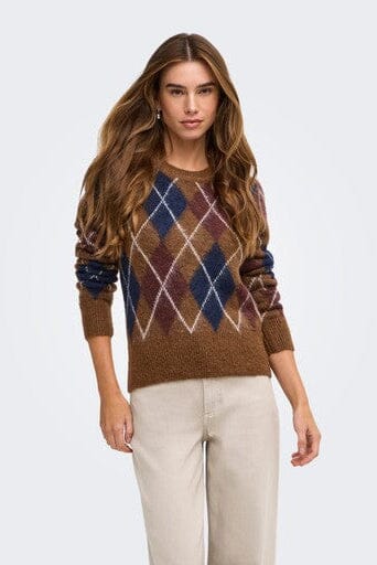 JDY - Jdyreese L/S O-Neck Argyle Pullover Knt - 5174124 Bison W. Rum Raisin/ Black Iris/ Oatmeal Argyle Strikbluser 