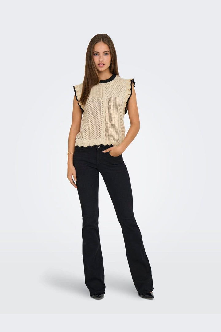 JDY - Jdyviolet S/L Frill Pullover Knt - 4878880 Birch W. Black Contrast