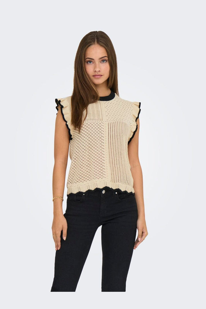 JDY - Jdyviolet S/L Frill Pullover Knt - 4878880 Birch W. Black Contrast
