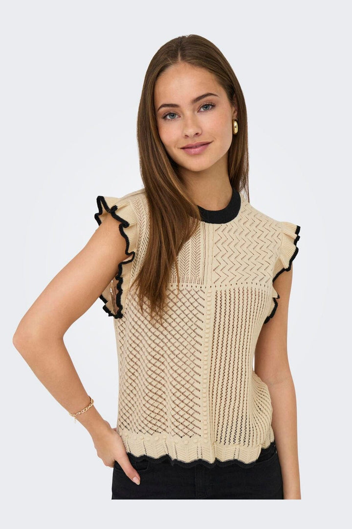 JDY - Jdyviolet S/L Frill Pullover Knt - 4878880 Birch W. Black Contrast