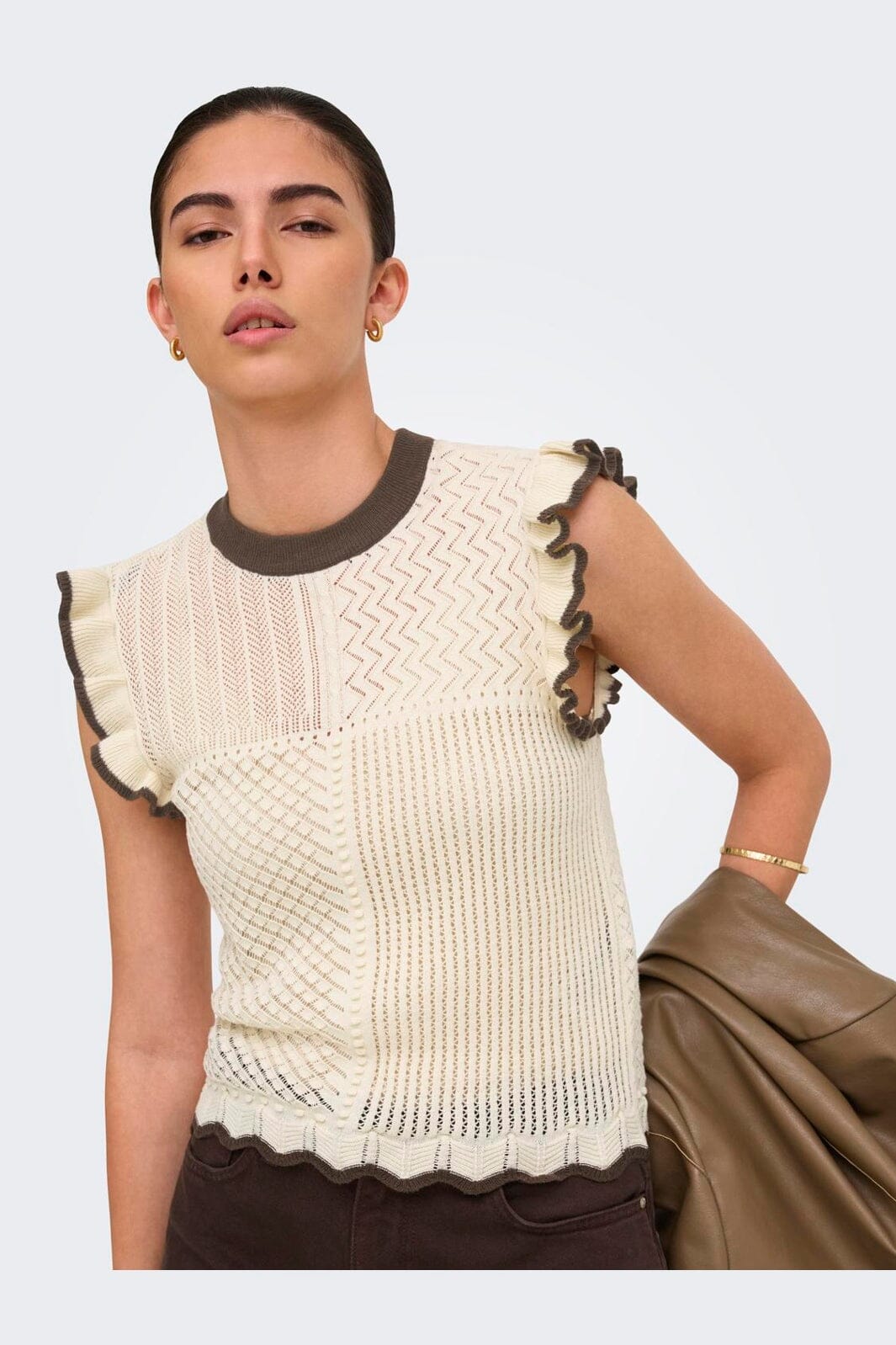 JDY - Jdyviolet S/L Frill Pullover Knt - 5107319 Birch W. Bracken Contrast