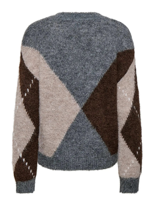JDY - Jdyzoey L/S V-Neck Argyle Pullover Knt - 5122982 Medium Grey Melange Chateau Gray/Chocolate Brown Argyle Strikbluser 