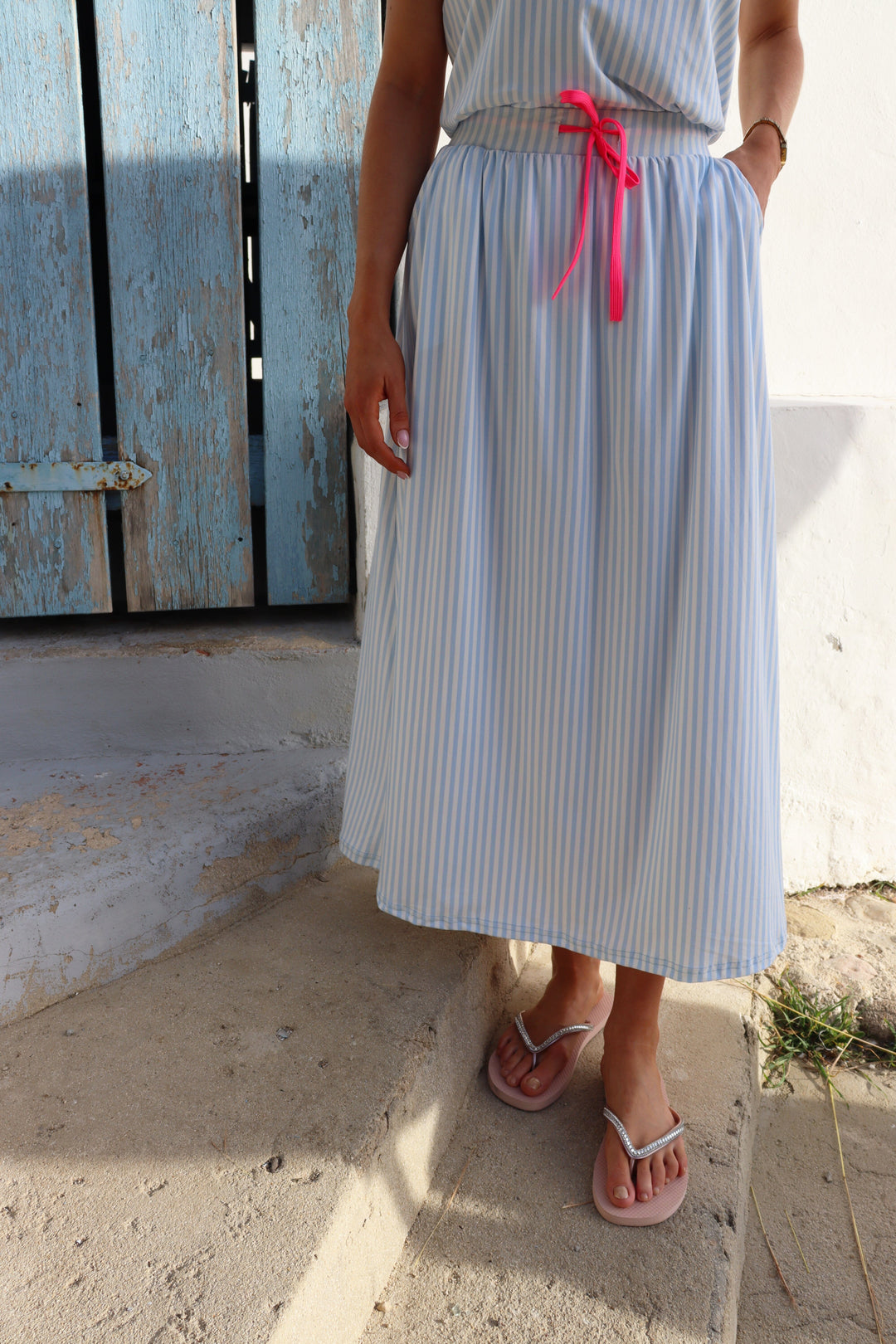 Liberte - Alma-Loose-Skirt 9582 - L. Blue Creme Small Stripe Nederdele 