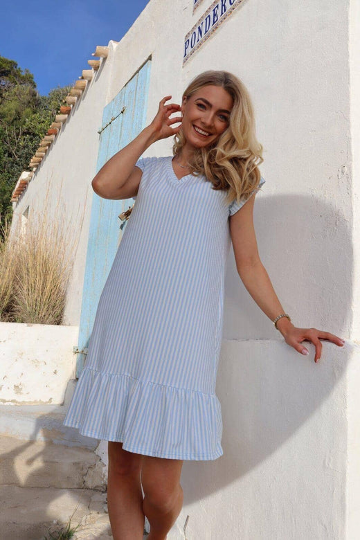Liberte - Alma-U-Tshirt-Frill-Dress 9593 - L. Blue Creme Small Stripe Kjoler 