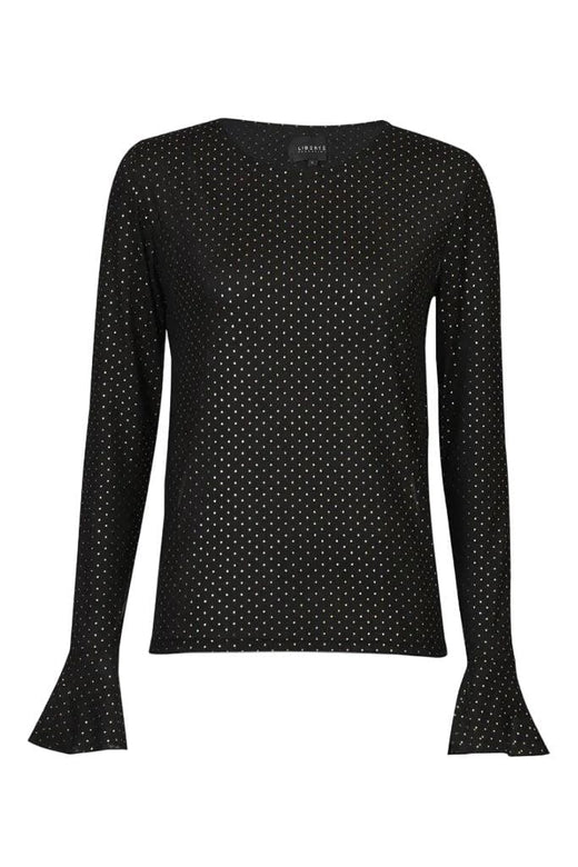 Liberte - Mesh Ls Frill Sleeve Top 22500 - Black Gold Foil Dot Toppe 