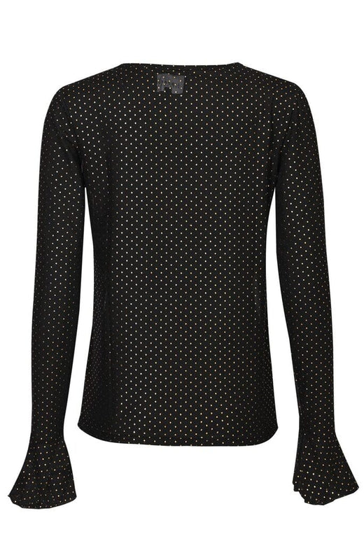 Liberte - Mesh Ls Frill Sleeve Top 22500 - Black Gold Foil Dot Toppe 