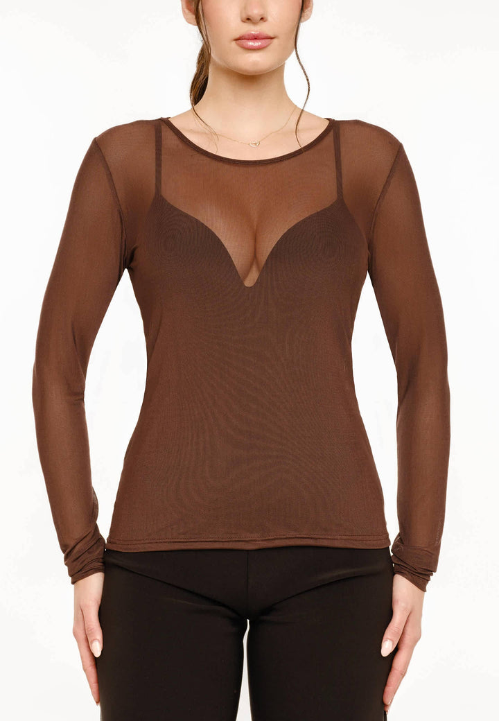Liberte - Mesh Ls Tshirt 22065 - Dark Brown Bluser 