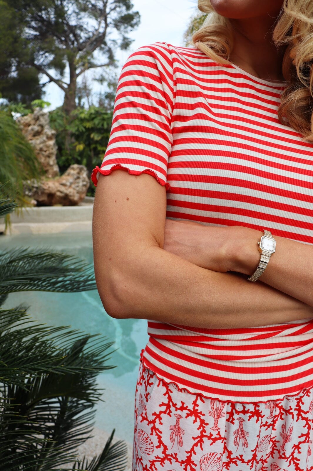 Liberte - Natalia Ss Blouse 9971 - Lobster Red Creme Stripe