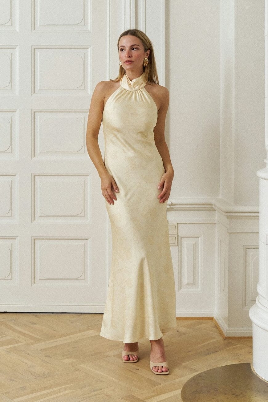 Neo Noir - Fiona Pattern Satin Dress 168367 - 191 - Light Yellow Kjoler 