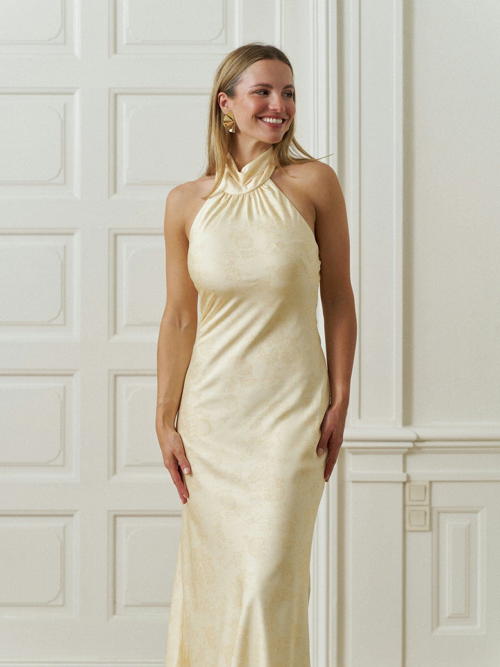 Neo Noir - Fiona Pattern Satin Dress 168367 - 191 - Light Yellow Kjoler 