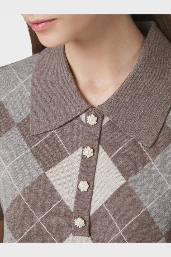 Neo Noir - Gia Check Knit Blouse 169335 - 811 - Dark Taupe