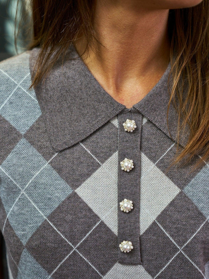 Neo Noir - Gia Check Knit Blouse 169335 - 811 - Dark Taupe Bluser 