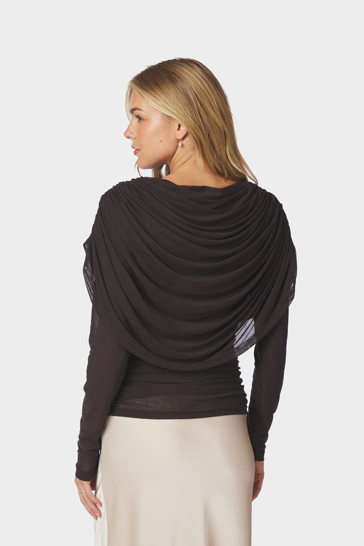 Neo Noir - Lottuna Drapy Mesh Blouse 168042 - 676 - Dark Brown