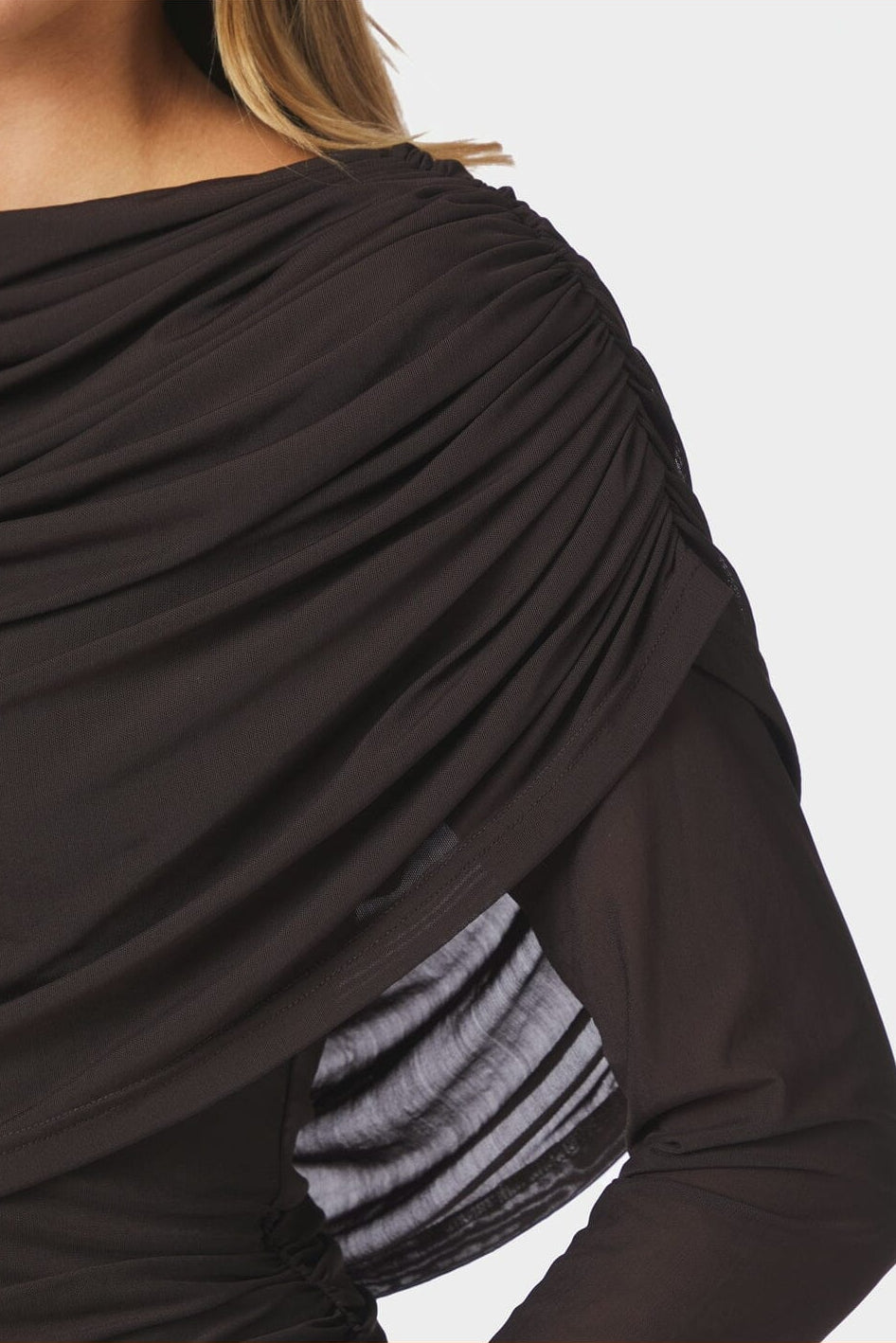 Neo Noir - Lottuna Drapy Mesh Blouse 168042 - 676 - Dark Brown