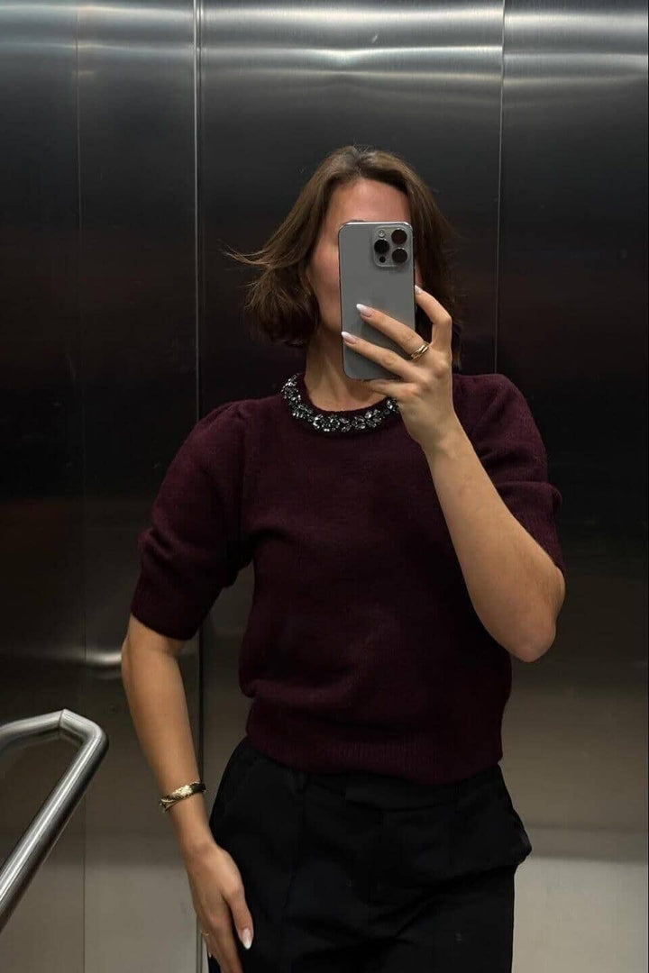 Neo Noir - Maia Stone Knit Blouse 162914 - 682 - Wine Strikbluser 