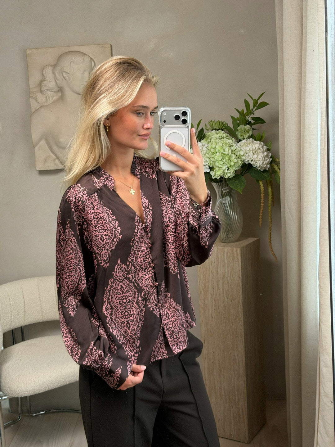 Neo Noir - Massima Paisley Drop Blouse 170432 - 486 - Dark Brown/Evening Rose Bluser 