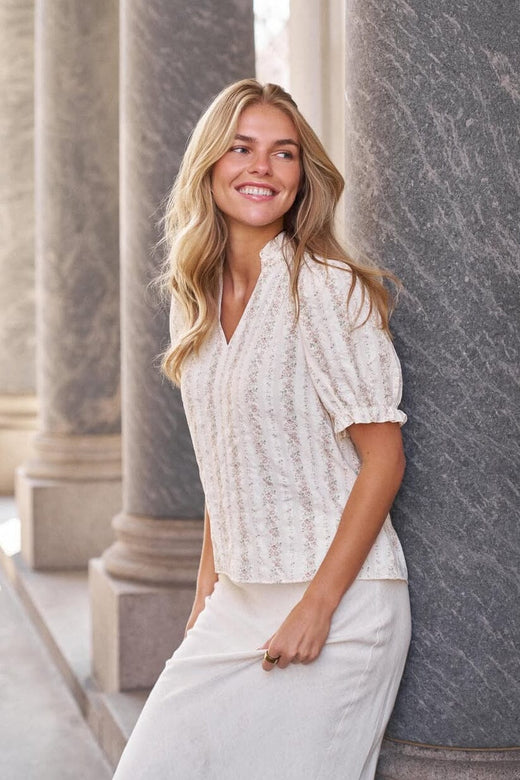 Neo Noir - Odesa Floral Stripe Blouse 168816 - 122 - Creme Bluser 