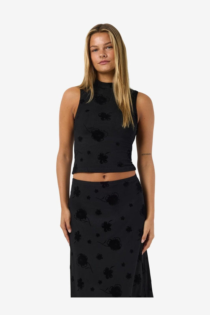 Noisy May - Nmriley Highneck Mesh Flock Top - 5066309 Black Flock Flower
