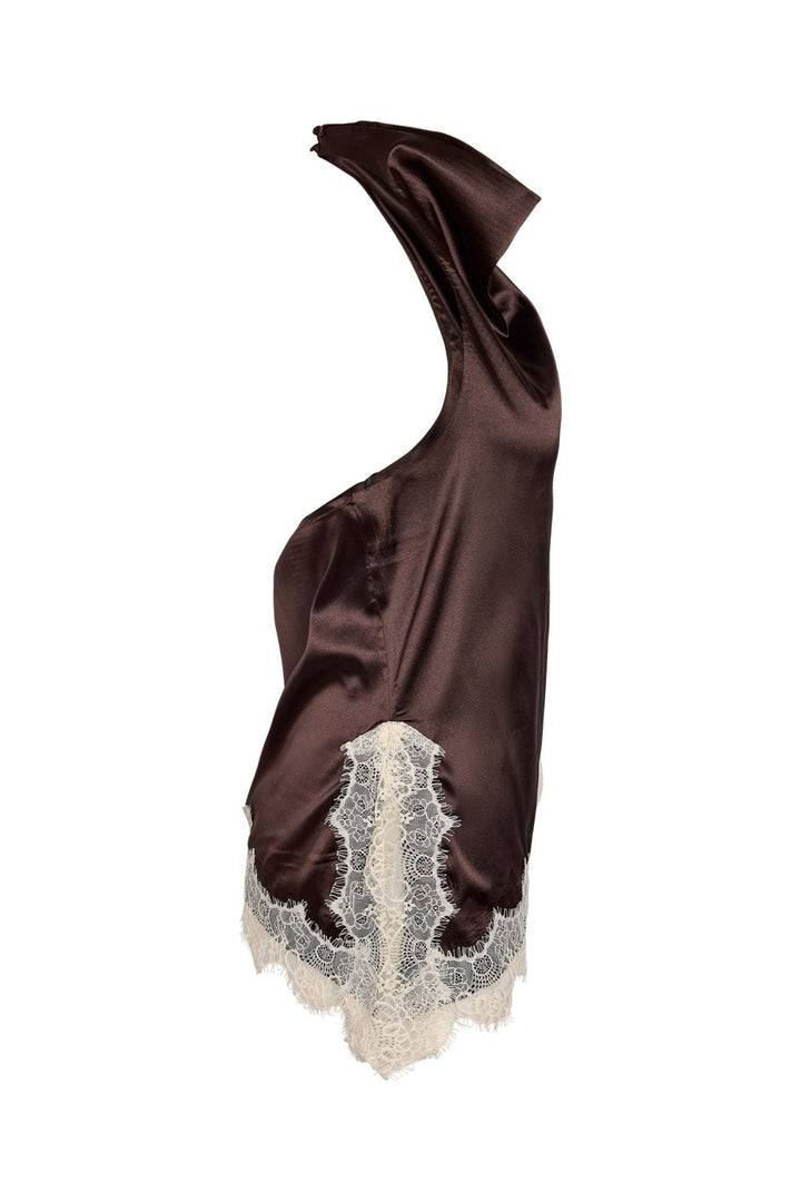 Noisy May - Nmsofie Halterneck Assym Satin Top - 5109581 Chocolate Brown Birch Lace