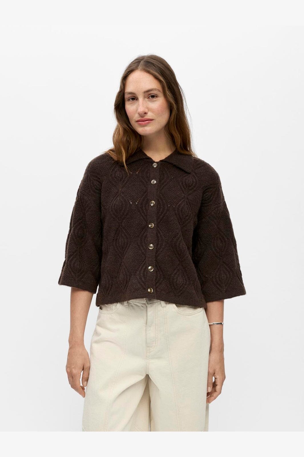 Object - Objkaisa Flora 3/4 Lo Knit Cardigan - 5108699 Seal Brown Melange