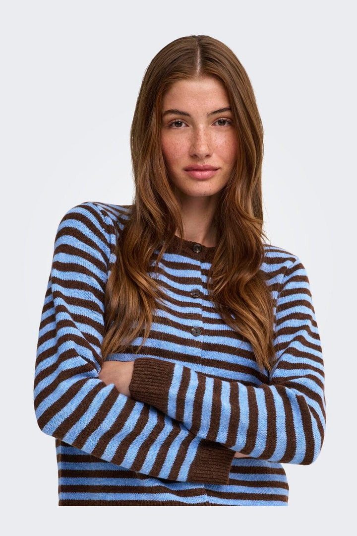 Only - Onlalivia Ls O-Neck Stripe Cardi Knt - 5147496 Coffee Bean Cashmere Blue/Melange