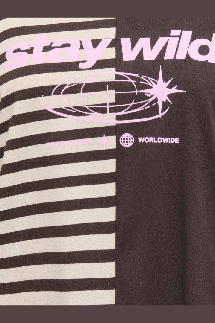 Only - Onlava L/S Half Striped T-Shirt - 5274132 Black Coffee Birch Stripes/ Light Pink Text