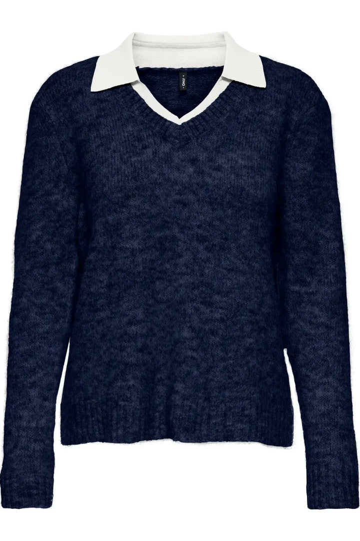Only - Onlazu Ls Polo Neck Knt - 4959032 Navy Blazer Melange/Cloud Dancer Strikbluser 