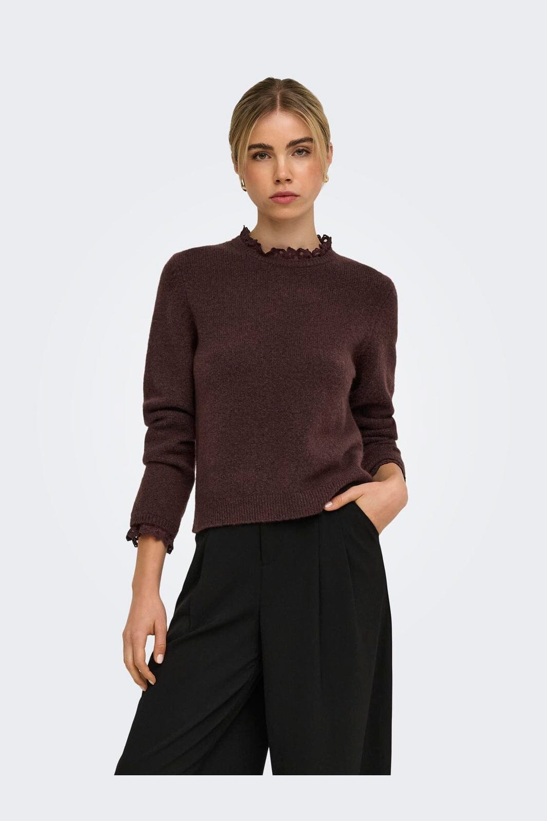 Only - Onlcher Ls Detail O-Neck Knt - 5056973 Deep Mahogany Mel/Dtm Lace