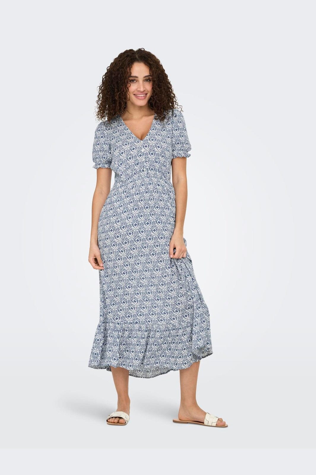 Only - Onlchianti S/S Long Dress - 4758861 Cloud Dancer Smith Blue Graphic