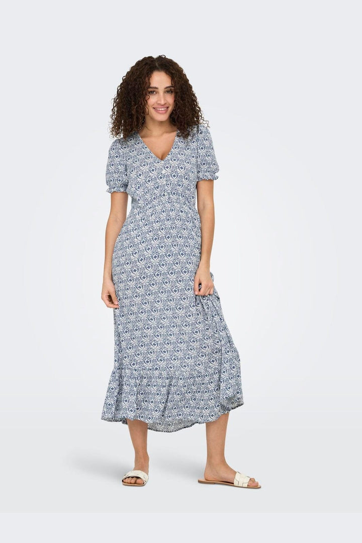Only - Onlchianti S/S Long Dress - 4758861 Cloud Dancer Smith Blue Graphic