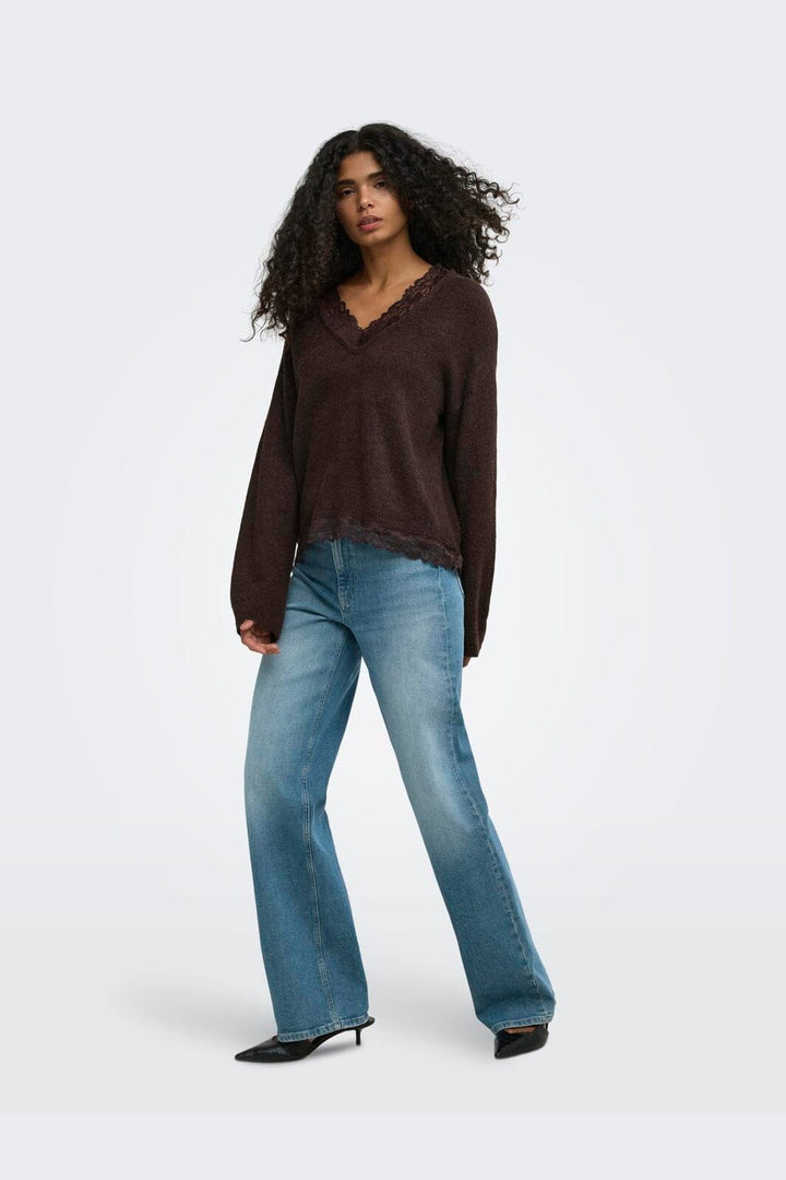 Only - Onlclover Ls Lace V-Neck Reversible Knt - 5149080 Coffee Bean Melange/Dtm Lace