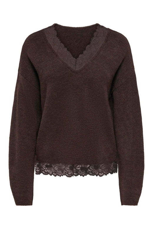 Only - Onlclover Ls Lace V-Neck Reversible Knt - 5149080 Coffee Bean Melange/Dtm Lace