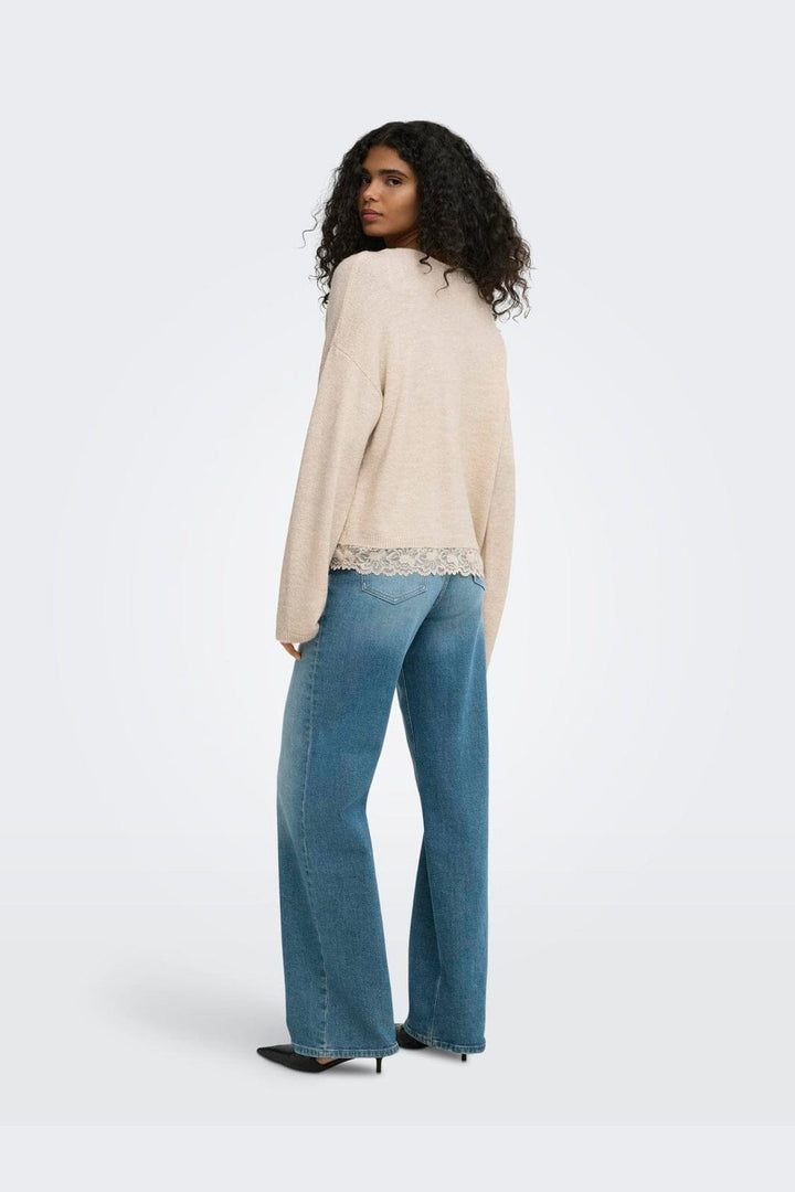 Only - Onlclover Ls Lace V-Neck Reversible Knt - 5149081 Pumice Stone Melange/Dtm Lace