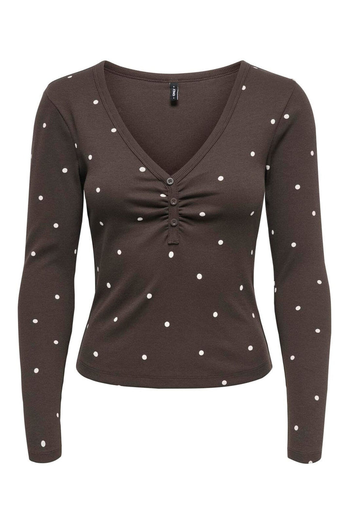 Only - Onlfenja L/S V-Neck Top - 5134740 Coffee Bean Cloud Dancer Dot