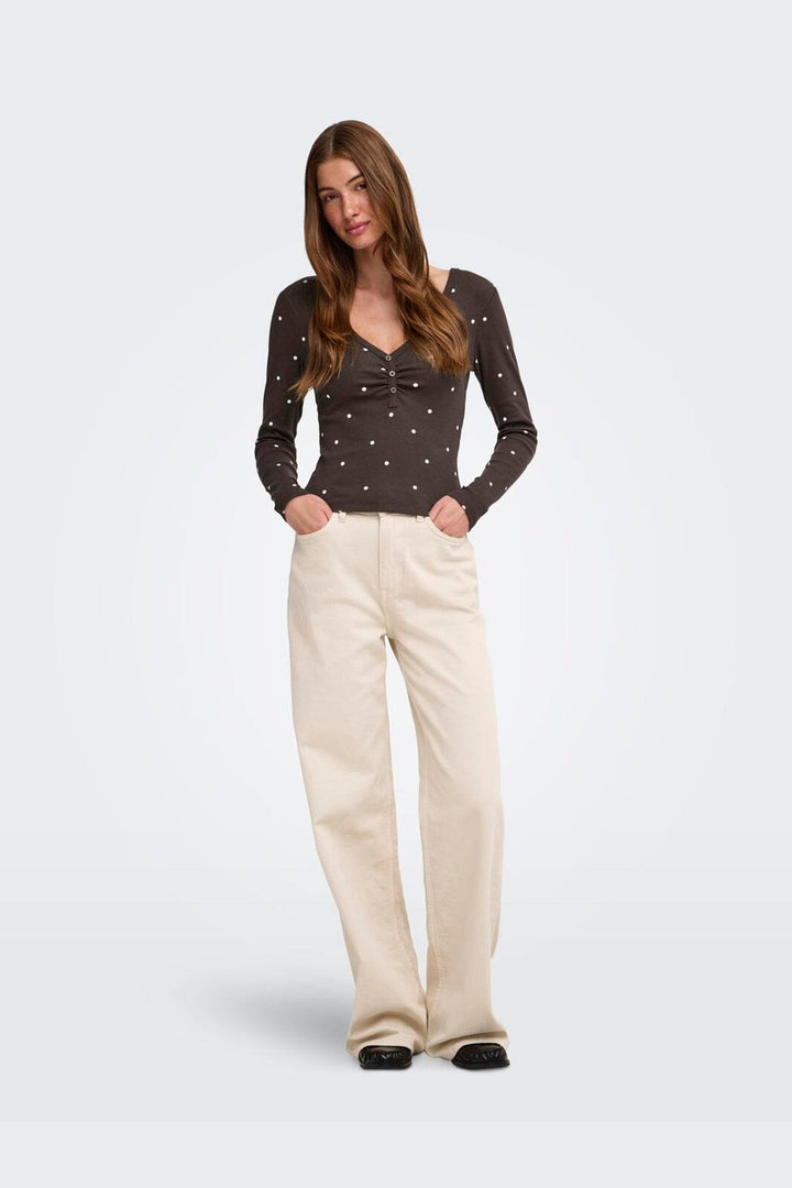 Only - Onlfenja L/S V-Neck Top - 5134740 Coffee Bean Cloud Dancer Dot